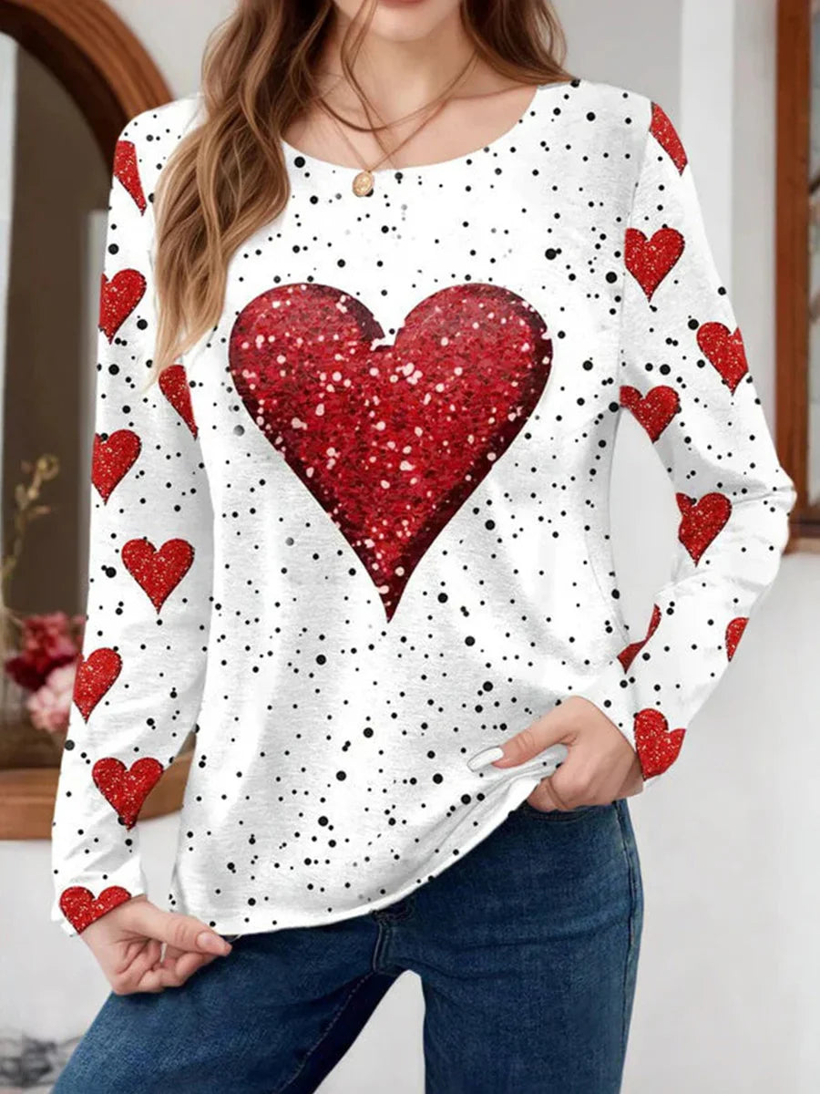 Casual Heart Print Round Neck Long SLeeve T-Shirt