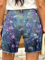 Ethnic-style floral and butterfly print women's casual denim shorts