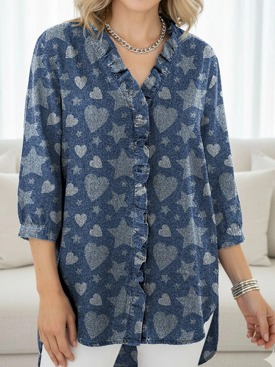 Women's Heart Stars Art Print Casual V-neck 3/4 Sleeve Shirt