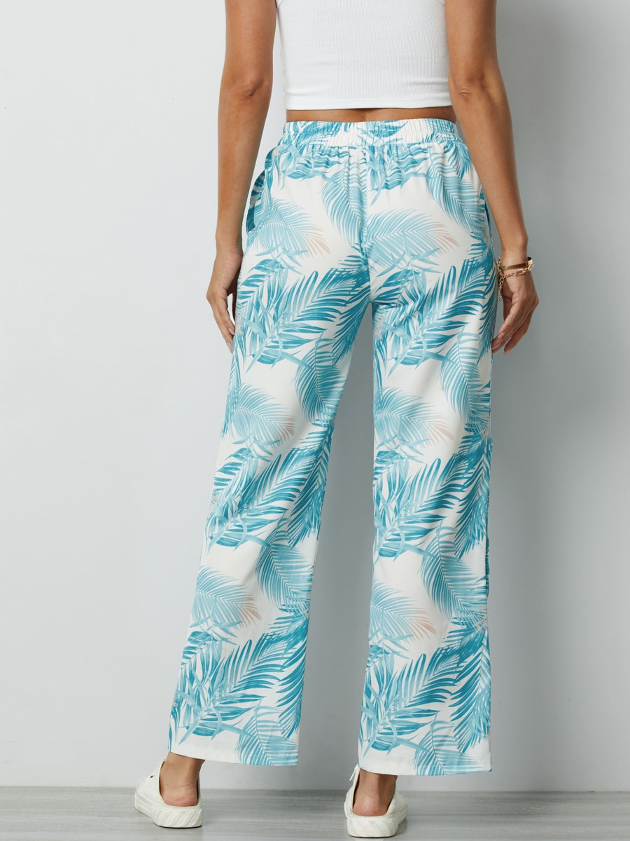 Aqua Palm Leaves Casual Pants with Buttons