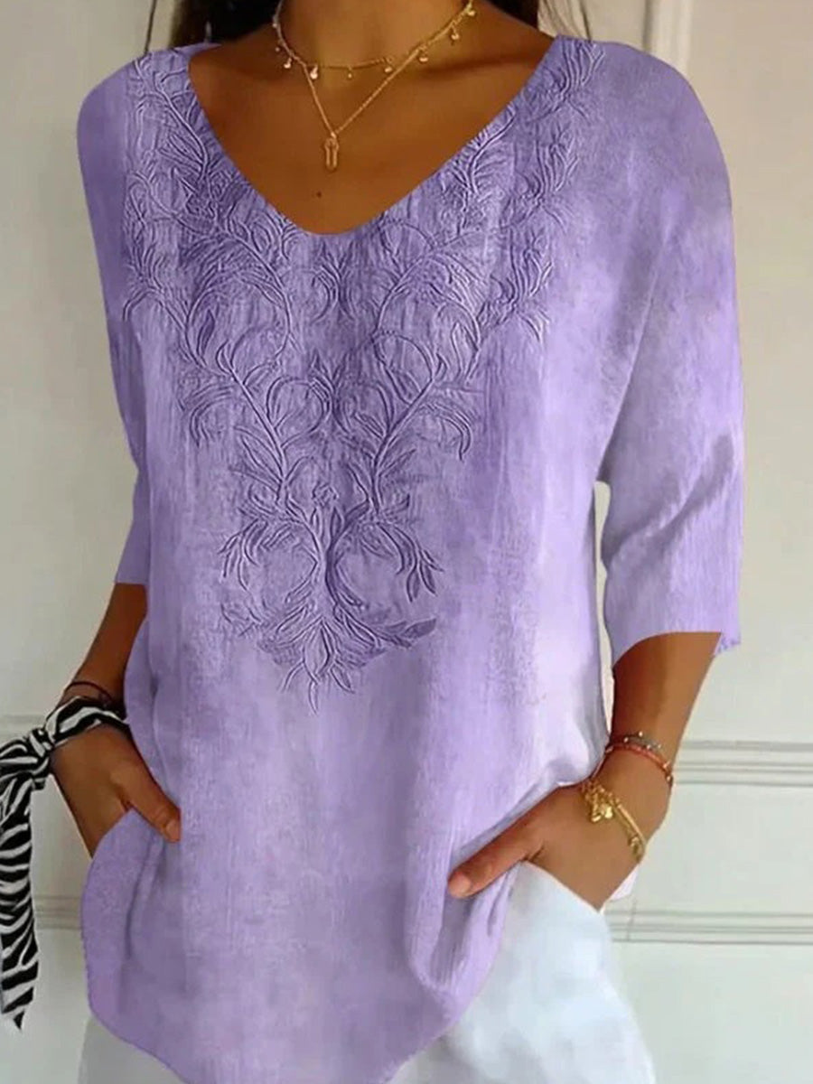 Vintage Casual V-neck 3/4 Sleeve Blouse