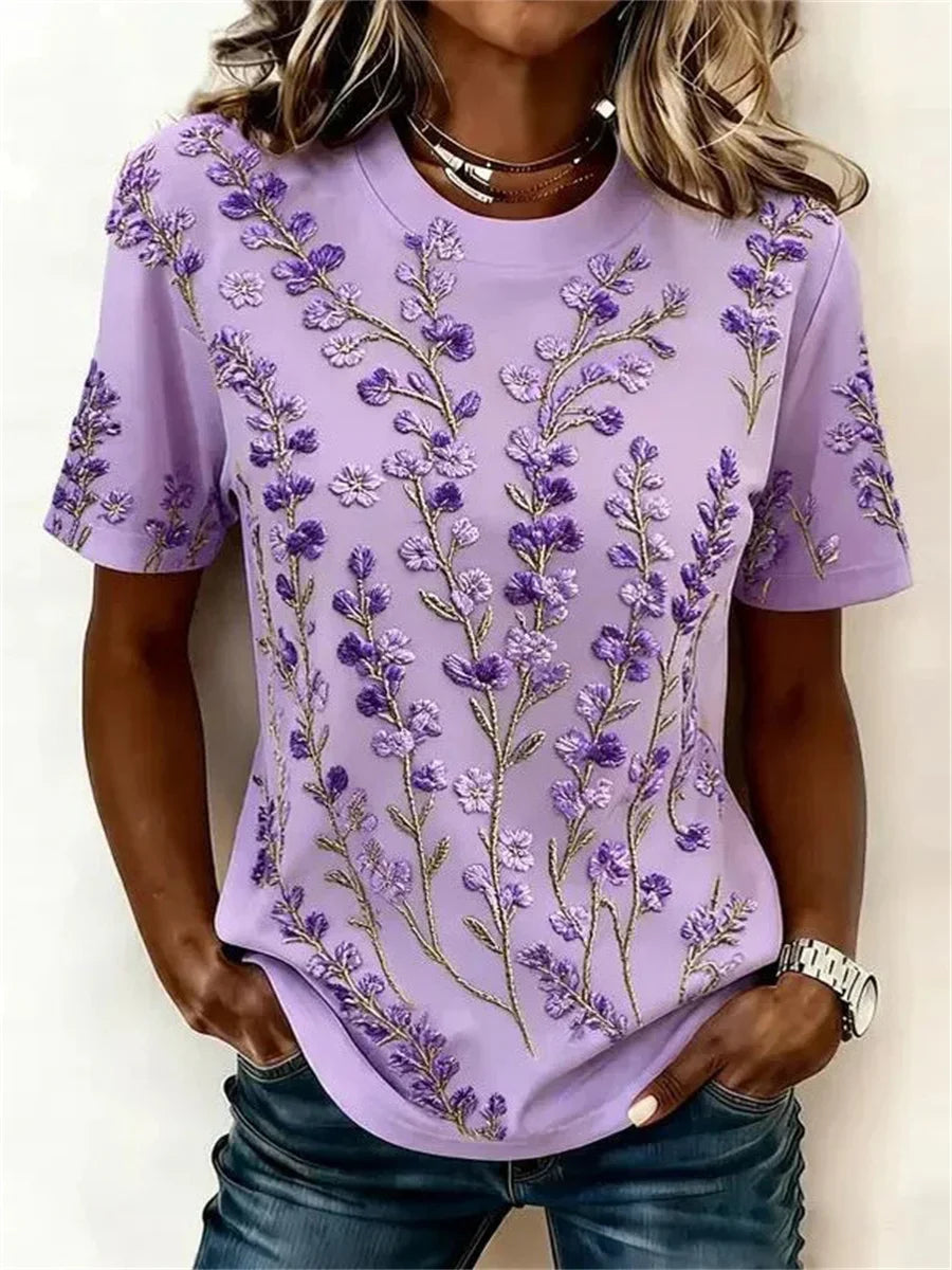 Vintage Floral Print Round Neck Short Sleeve T-Shirt