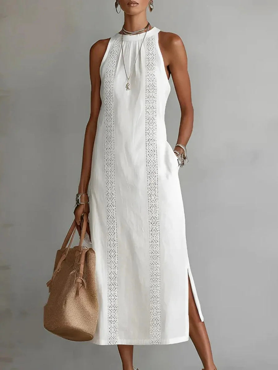 White Sleeveless Lace Trim Maxi Dress