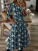 Fresh Round Neck Long Sleeve Blue Midi Dress