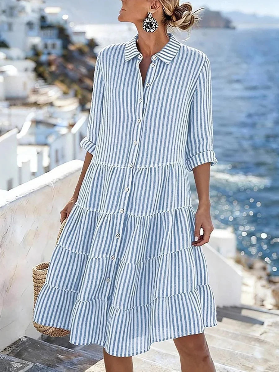 Fresh Blue Striped 3/4 Sleeve Tiered Mini Shirt Dress