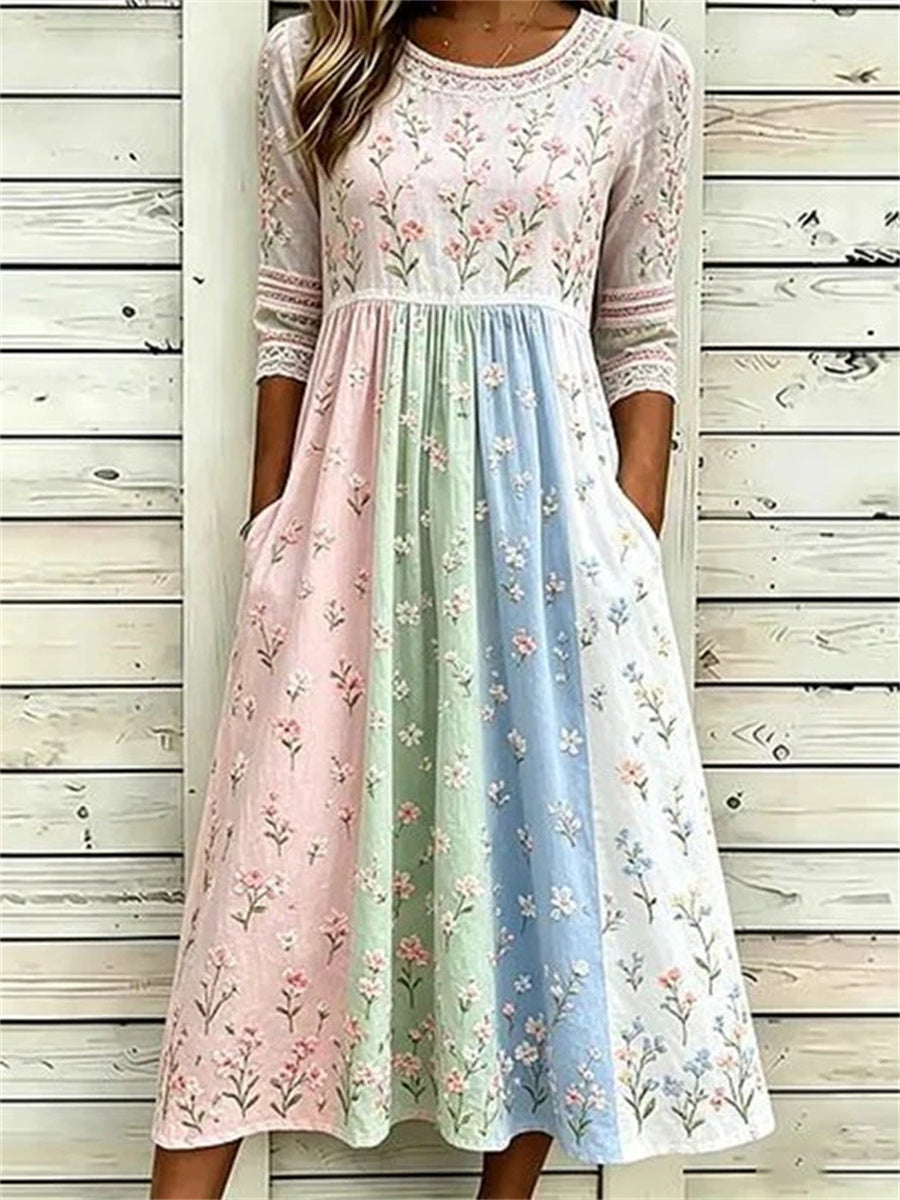 Vintage Floral Print Round Neck 3/4 Sleeve Dress