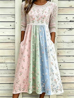 Vintage Floral Print Round Neck 3/4 Sleeve Dress