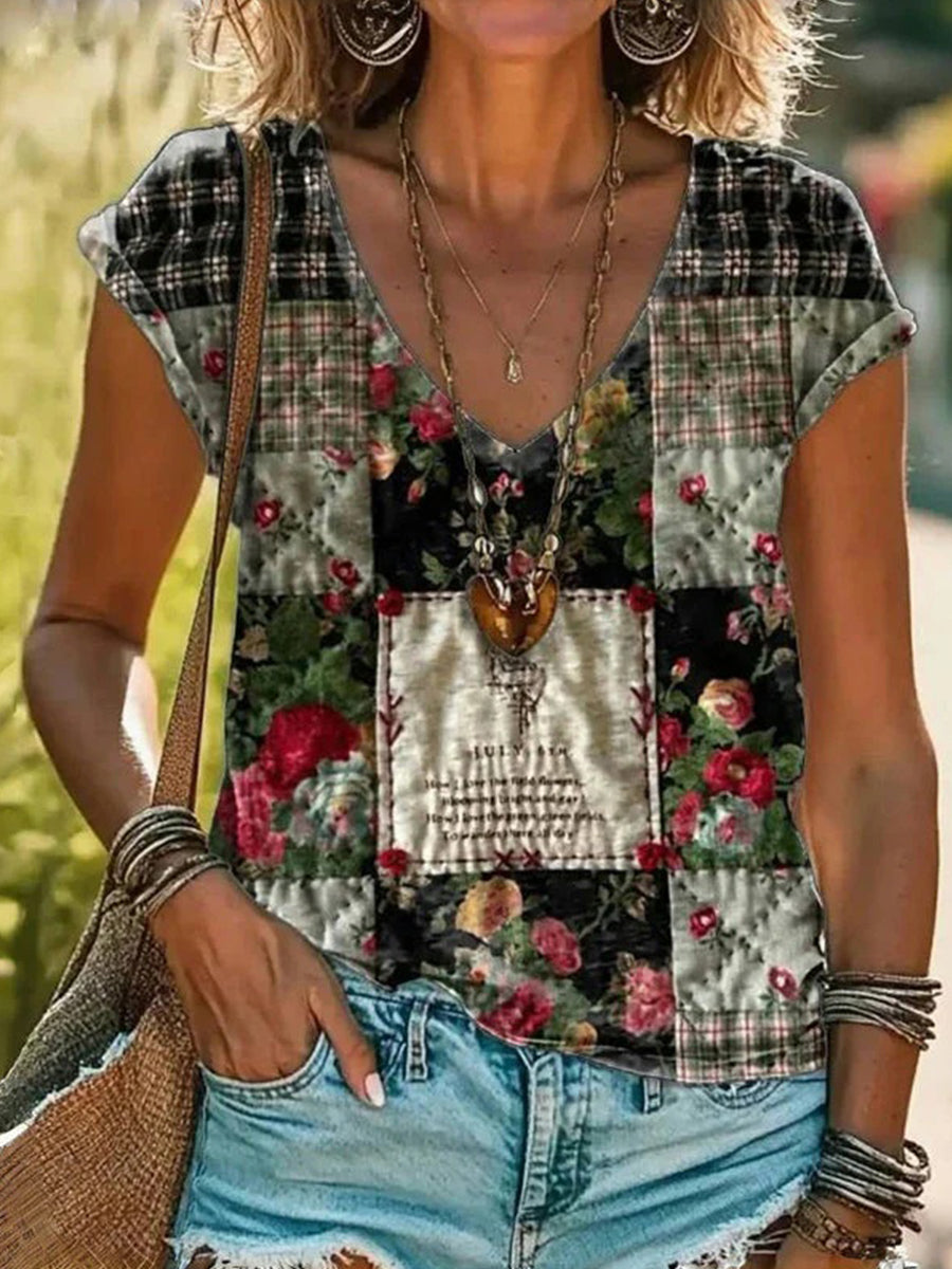 Vintage Floral Print V-neck Short Sleeve T-Shirt