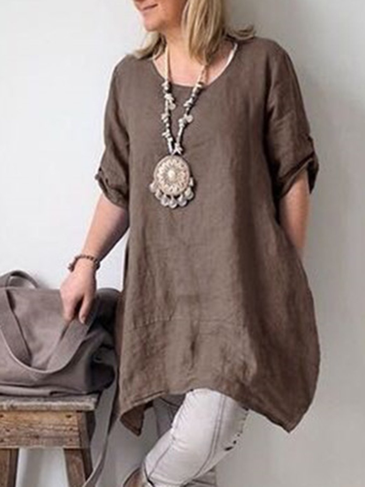 Solid Color Short Sleeve Casual Blouse