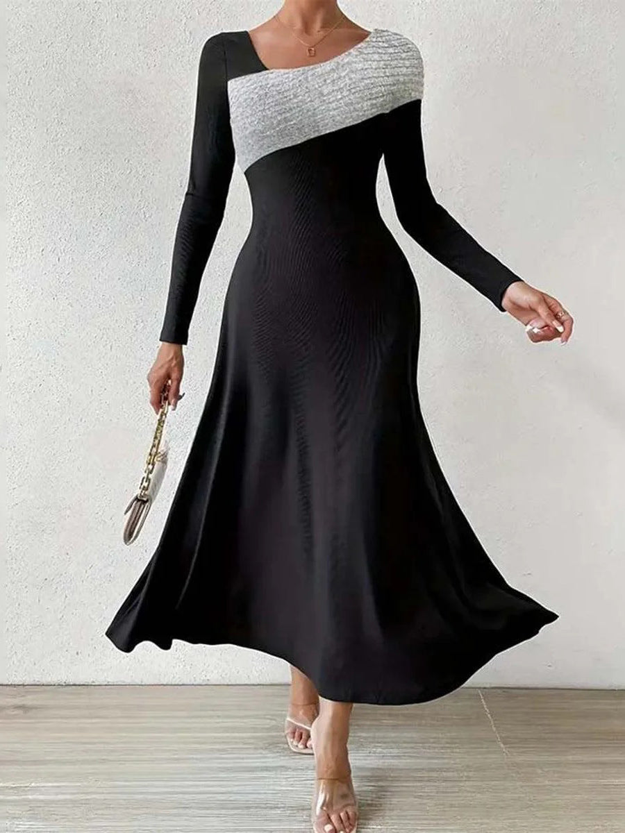 Chic Color Block Long Sleeve Maxi Dress
