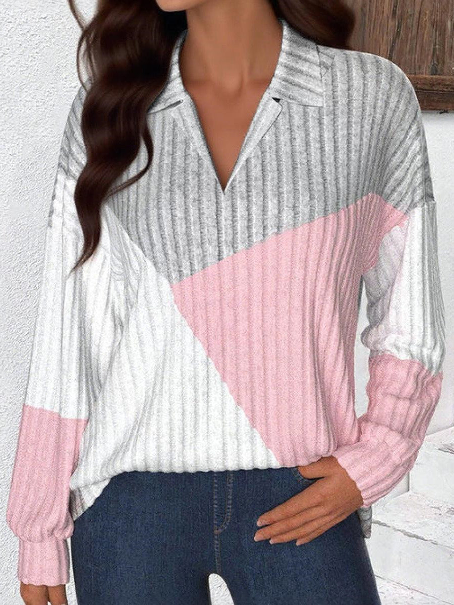 Classy Color Block Collared Long Sleeve Top