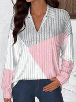 Classy Color Block Collared Long Sleeve Top