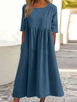 Round Neck Half Sleeve Cotton Loose Fit Midi Dress