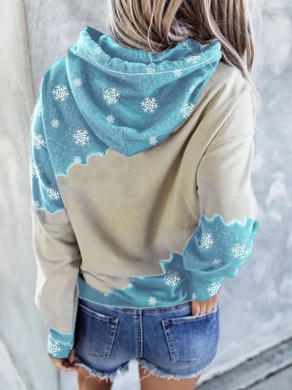 Women's Christmas Snowman Printed Long Sleeve Hooded Color Block Sweatshirt
