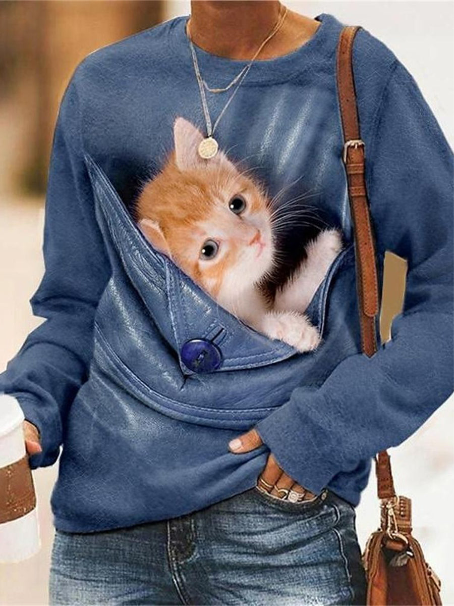 Casual Blue Crew Neck Cat Sweatshirt
