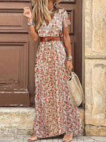 Red Floral V Neck Short Sleeve Maxi Dress