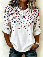 Patriotic Star Print Split-Neck 3/4 Sleeve Casual Top
