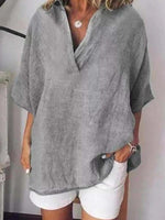 Solid Color V-Neck Cotton Shirt Pullover Blouse