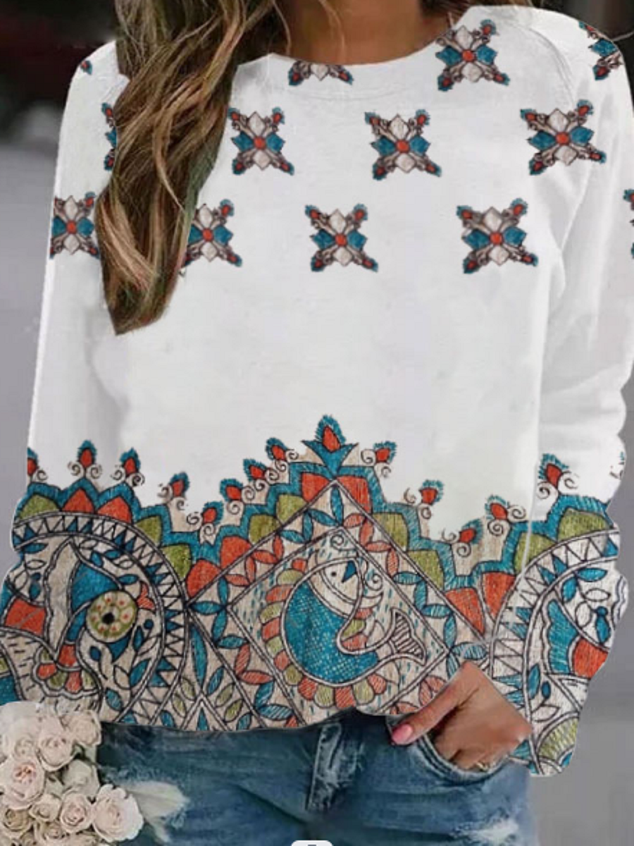 White Casual Round Neck Printed Long Sleeve Sweatshirts