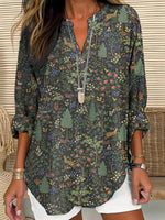 Vintage Tree Print V-neck Long Sleeve Blouse