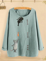 Button Cartoon Cat Print Long Sleeve Blouse