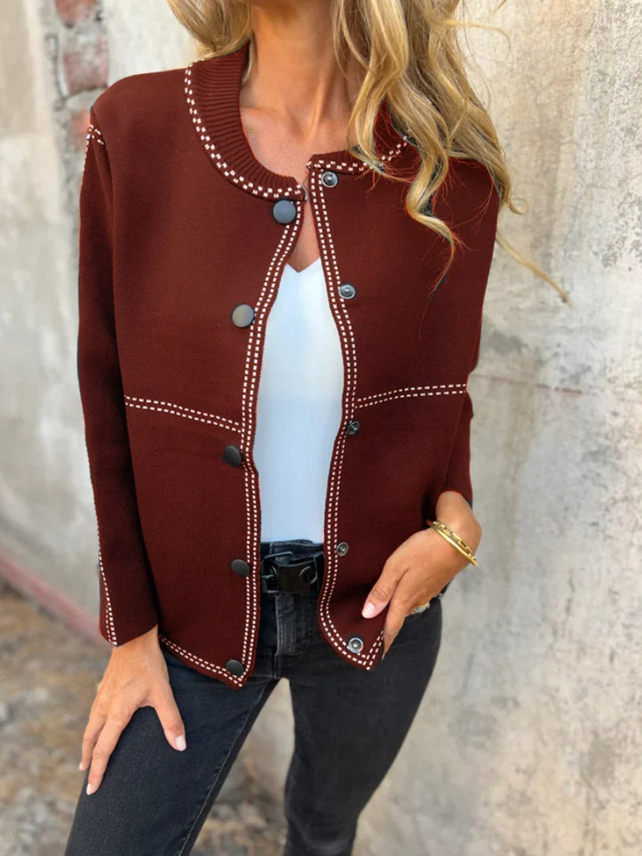 ChicButton-Front Long Sleeeve Jacket with Contrast Stitching