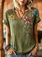 Vintage Floral Print V-neck Half Sleeve Blouse