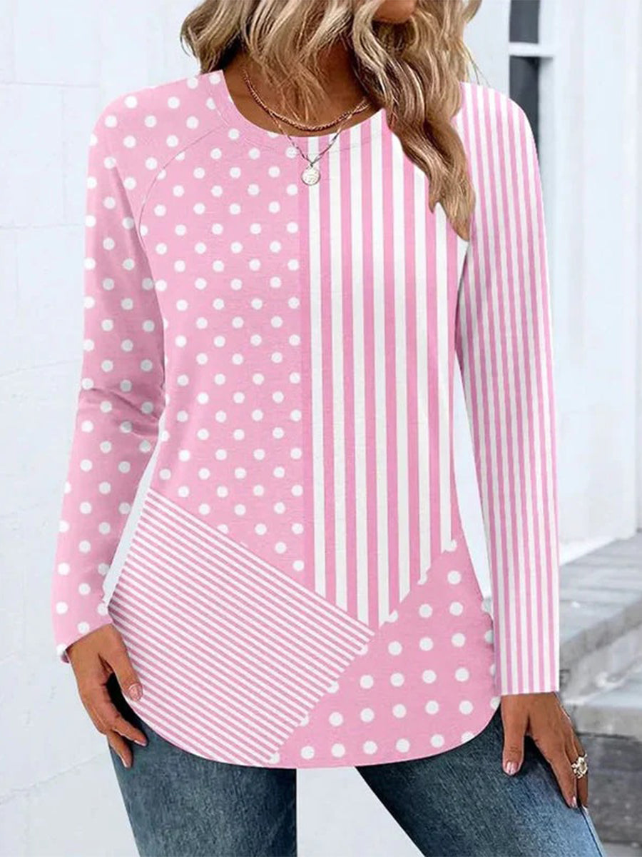 Polka Dot And Stripe Print Round Neck Long Sleeve T-Shirt