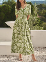 Green Floral Print Puff Short Sleeve V-Neck Maxi Dress