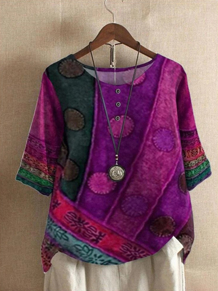 Casual Printed Round Neck Buttoned Loose Top