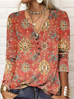 Women's Vintage Floral Print Long Sleeve Henley Top
