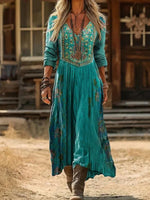 Vintage Floral Print V-neck Long Sleeve Dress