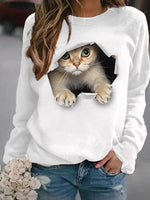 White Casual Graphic Tops Round Neck Long Sleeve Cat Printed Sweatshirt
