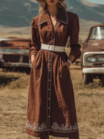 Brown Long Sleeve Collared Midi Dress