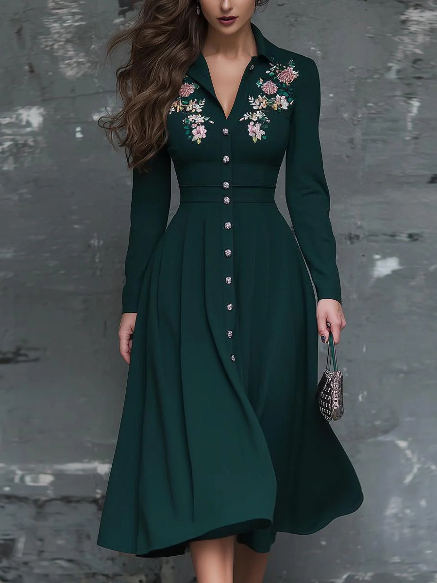 Unique Collared Long Sleeve Midi Dress