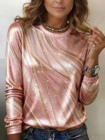 Radiant Pink Round Neck Long Sleeve Diagonal Stripe Shiny Top