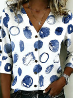 Chic Blue Abstract Dot V-neck 3/4 Sleeve Blouse
