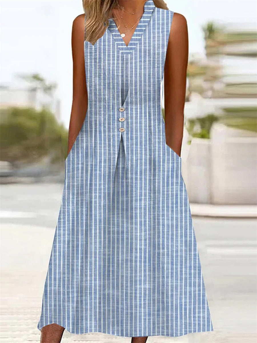 Casual Striped Printed V Neck Sleeveless Comfy Midi Dress