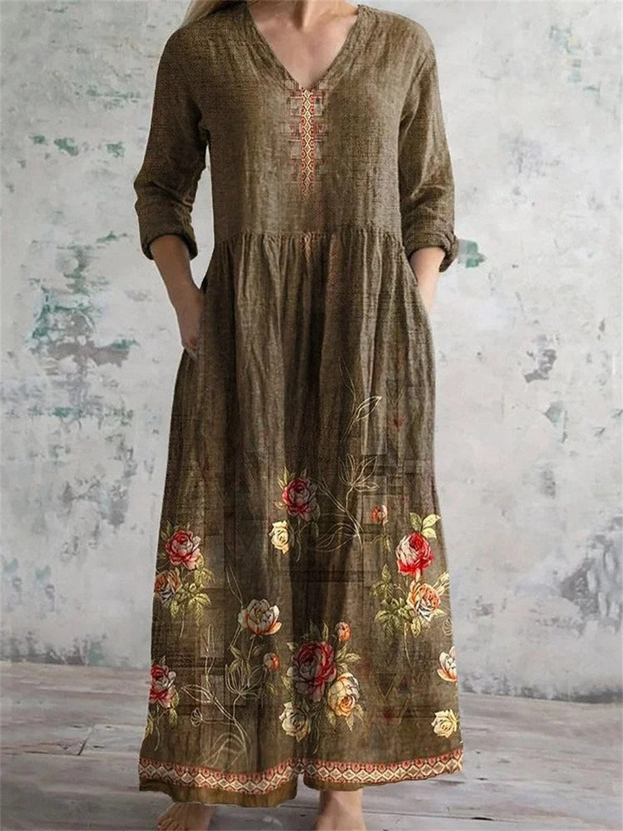 Vintage Floral Printed V-neck Long Sleeve Dress