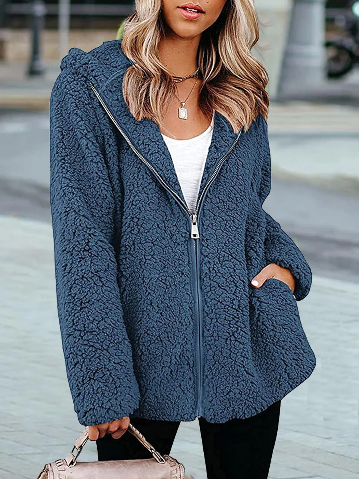Blue Casual Hooded Zipper Long Sleeve Coats