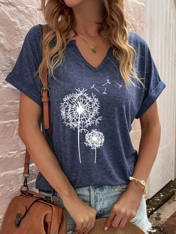 Dandelion Printed V Neck Short Sleeve Casual T-Shirt