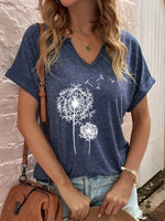 Dandelion Printed V Neck Short Sleeve Casual T-Shirt