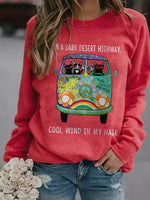 Red Casual Graphic Tops Round Neck Long Sleeve Cat Printed Sweatshirts