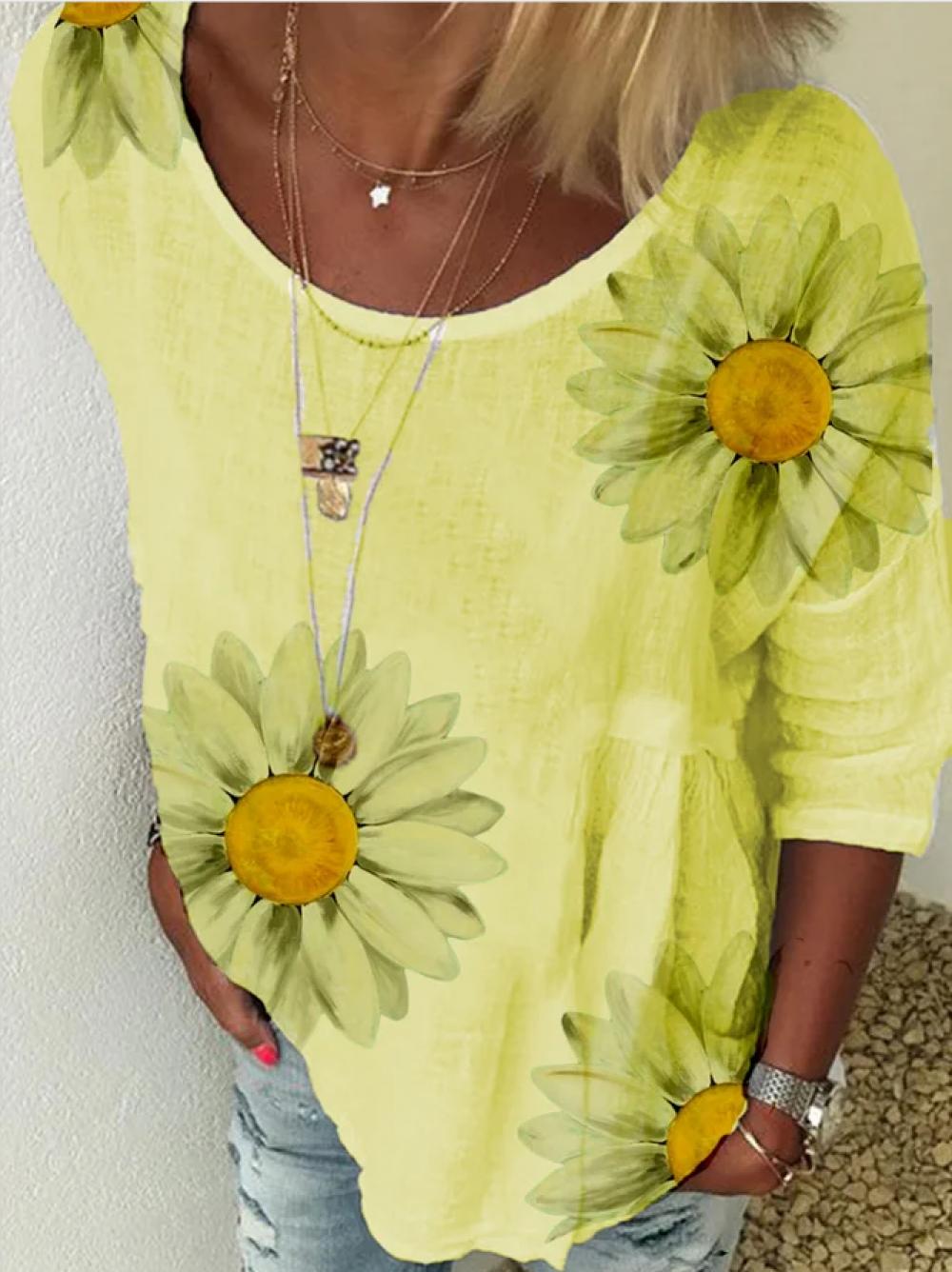 Casual Sunflower Printed Round Neck Blouse
