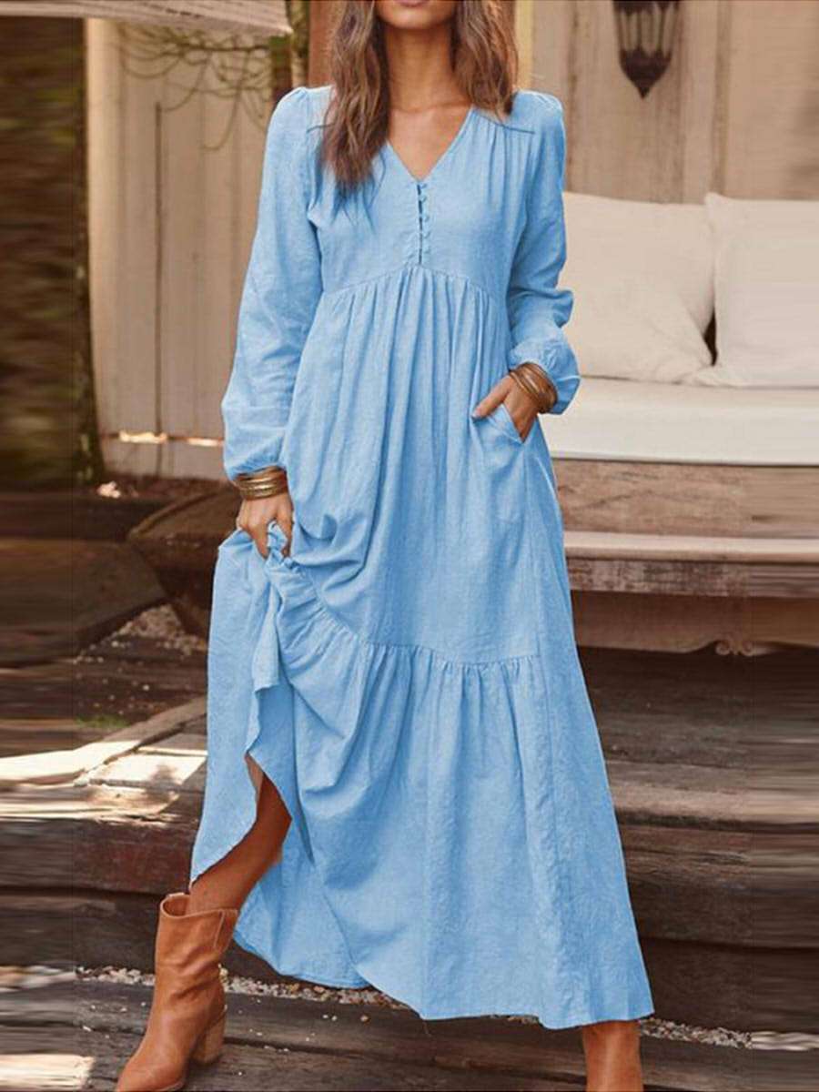 Casual V Neck Long Sleeve Button Maxi Dress With Pockets