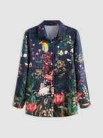 Women?ˉs Vintage Floral Print V Neck Button Long Sleeve Casual Blouse