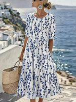 Coastal Blue Botanical Print Round Neck Short Sleeve Midi Dress