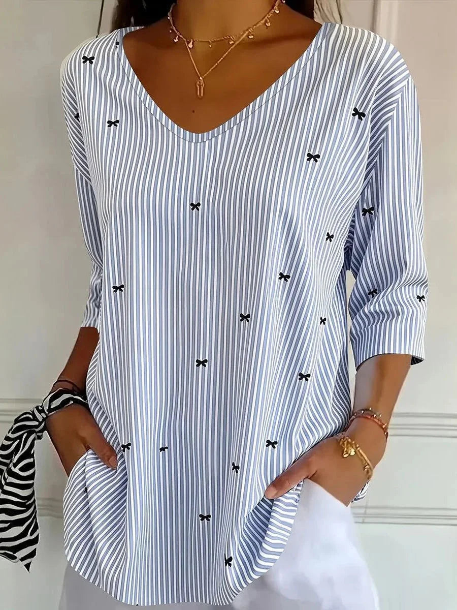 Blue Stripe Bow Print V-Neck 3/4 Sleeve Top