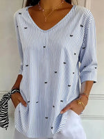 Blue Stripe Bow Print V-Neck 3/4 Sleeve Top