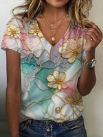 Vintage Gradient Floral V-neck Short Sleeve T-Shirt